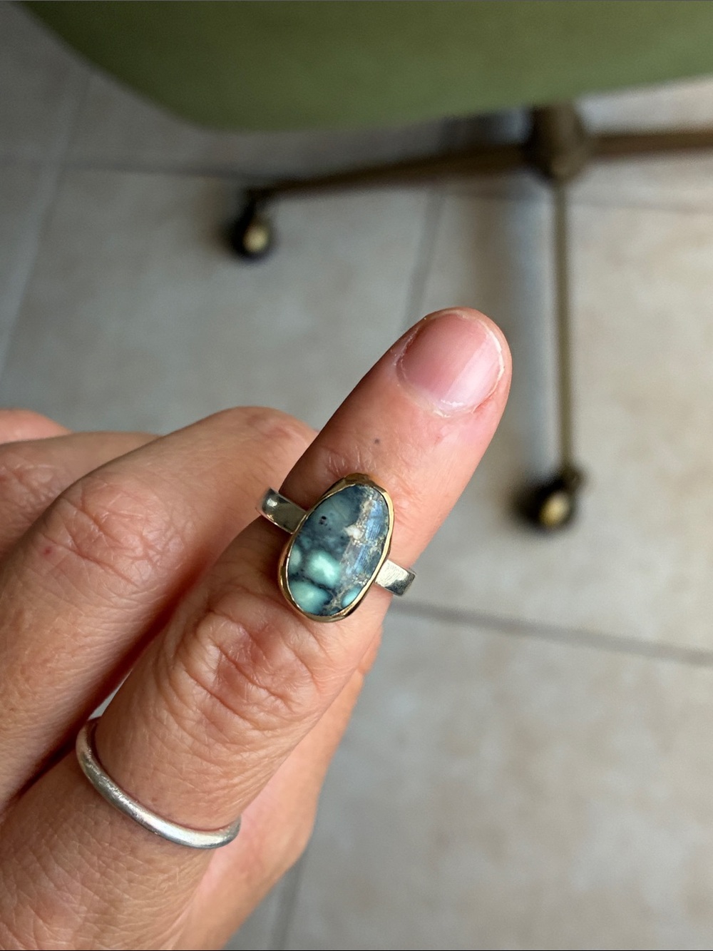 Sterling Silver & 14k gold bezel Claypso Variscite Ring 5.75